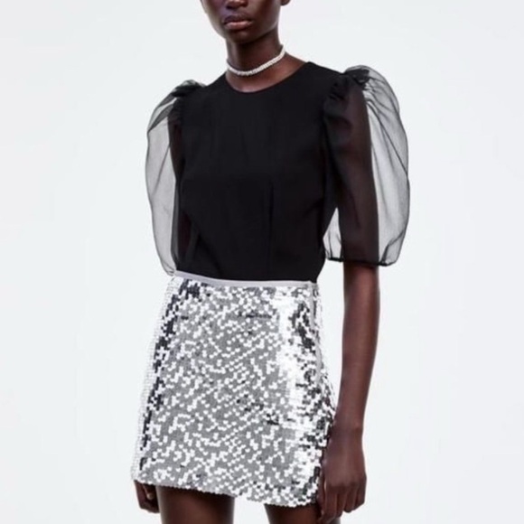 Zara Black Organza Puff Sleeve Blouse Goth Glam XXL Dark Academia Avant-Garde - Picture 4 of 15